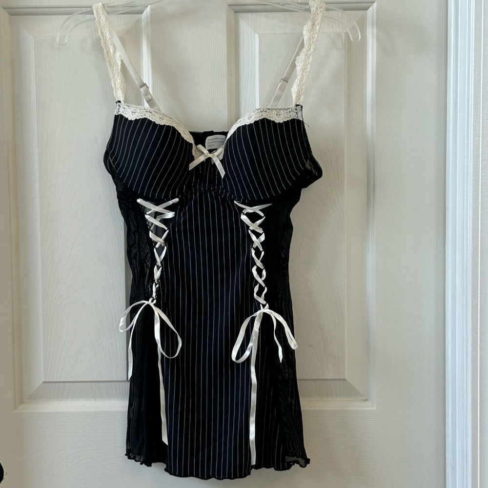 Coquette Girl Whimsigoth Black White Pinstripe Lingerie Slip Dress 34B Lacey